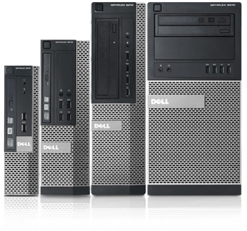 Front view of OptiPlex 7010 in four form factors, from left to right: Ultra Small Form Factor, Small Form Factor, Desktop, and Minitower